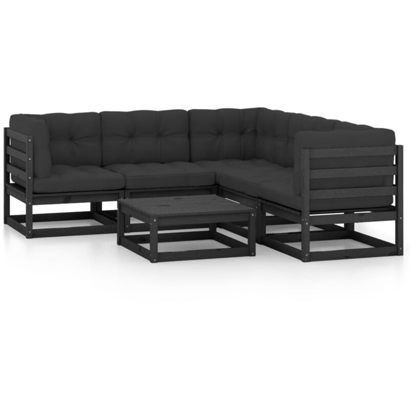 

Juego de muebles de jardín 6 pzas y cojines madera pino maciza - Negro - Vidaxl