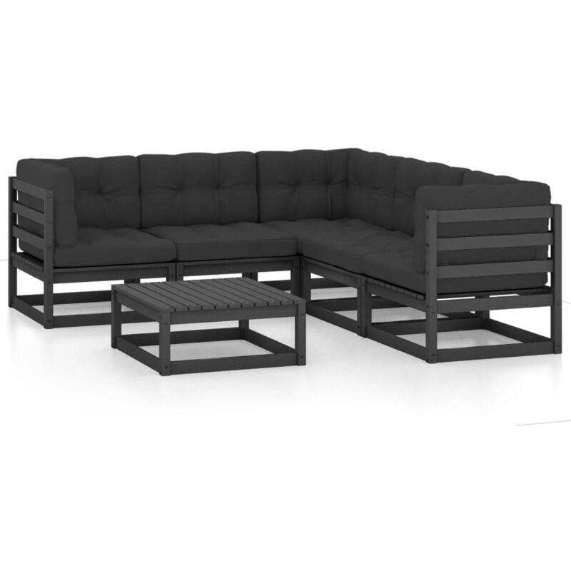 

Juego de muebles de jardín 6 pzas y cojines madera pino maciza - Negro - Vidaxl