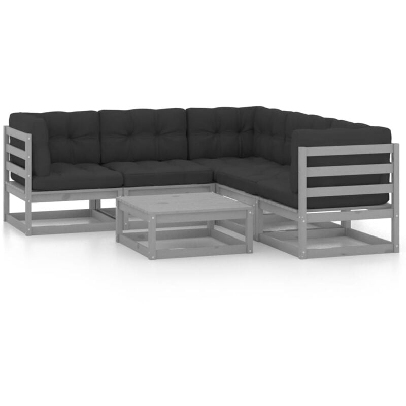 

vidaXL Juego de muebles de jardín 6 pzas y cojines madera pino maciza - Gris