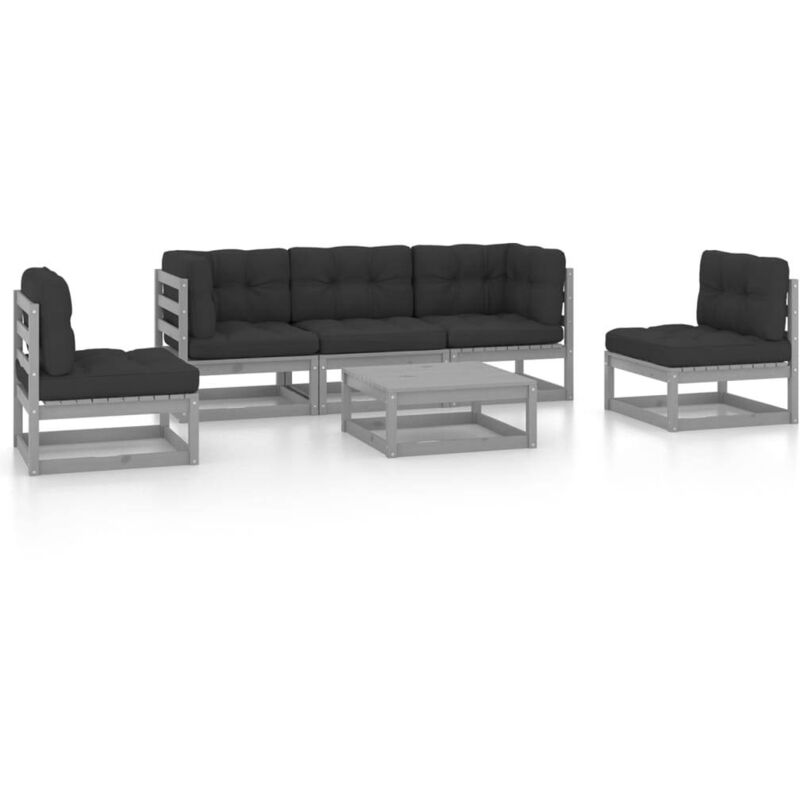 

vidaXL Juego de muebles de jardín 6 pzas y cojines madera pino maciza - Gris