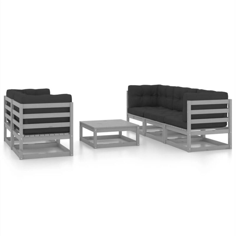 

vidaXL Juego de muebles de jardín 6 pzas y cojines madera pino maciza - Gris