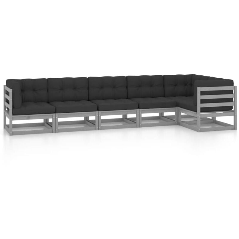 

vidaXL Juego de muebles de jardín 6 pzas y cojines madera pino maciza - Gris