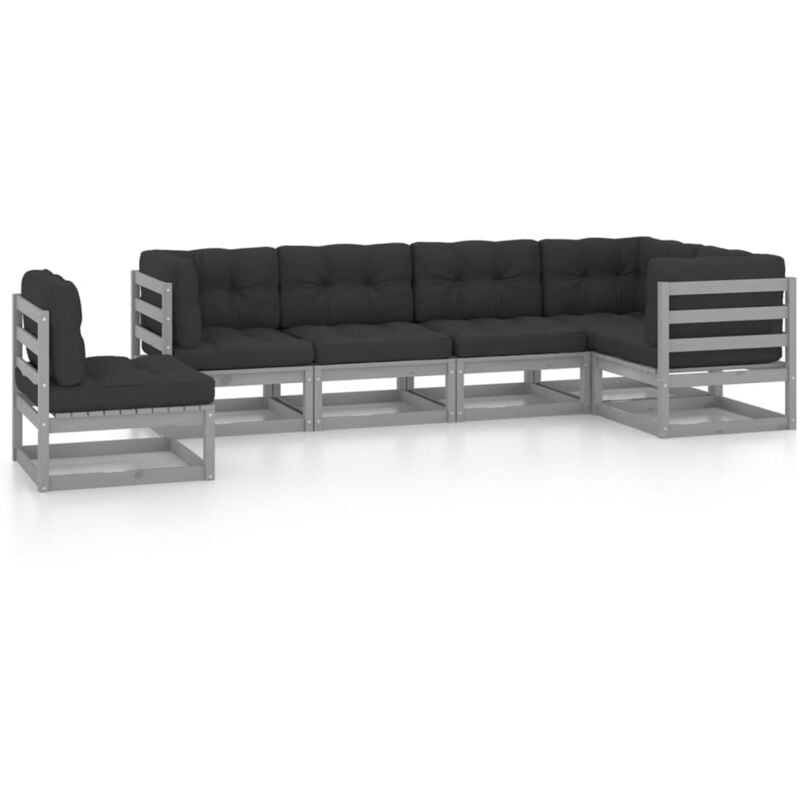 

vidaXL Juego de muebles de jardín 6 pzas y cojines madera pino maciza - Gris