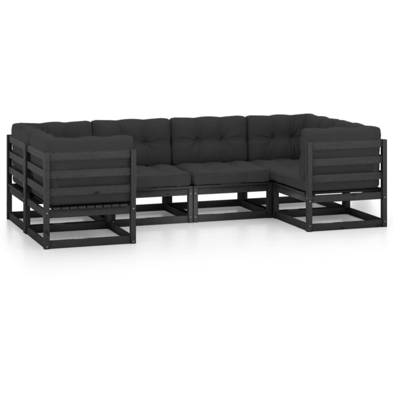 

vidaXL Juego de muebles de jardín 6 pzas y cojines negro madera pino - Negro