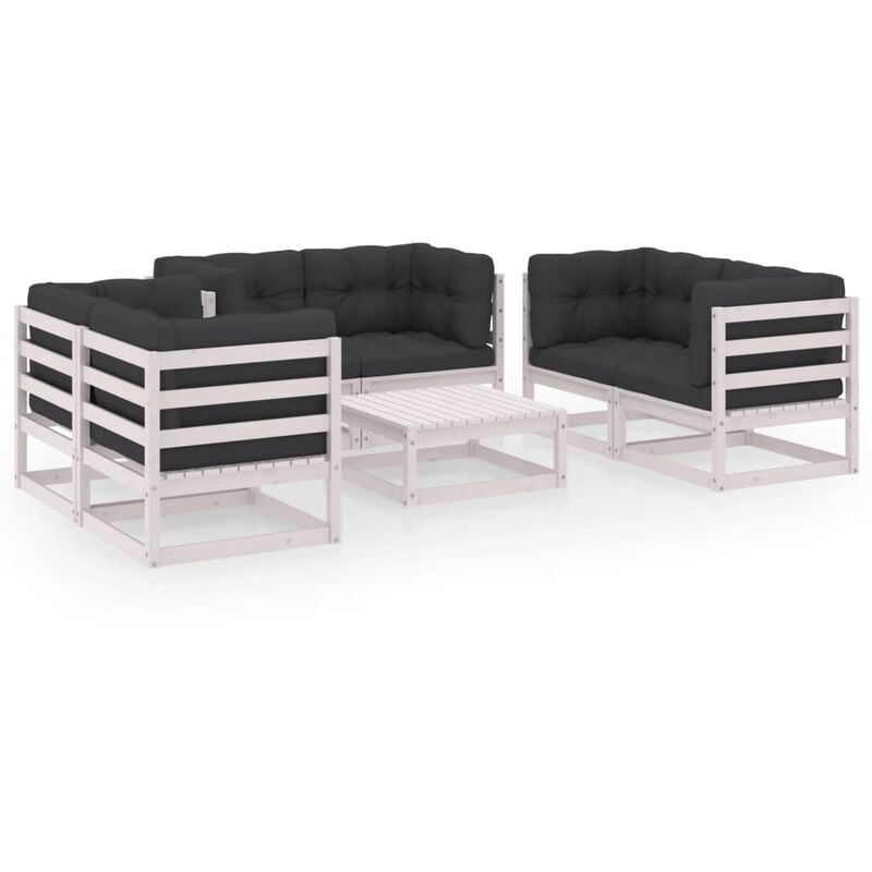 

vidaXL Juego de muebles de jardín 7 pzas y cojines madera pino maciza - Blanco