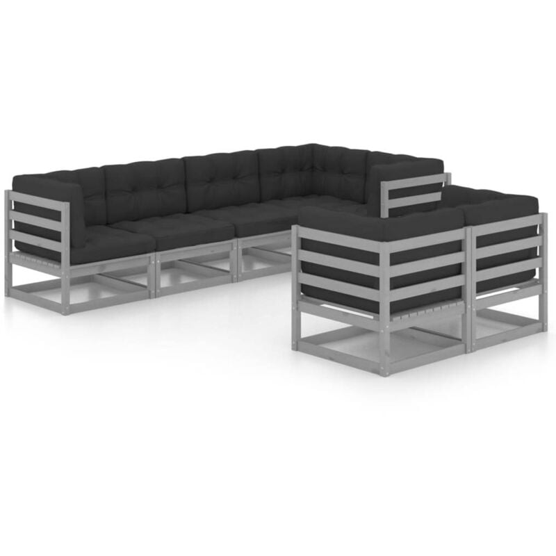 

Juego de muebles de jardín 7 pzas y cojines madera pino maciza - Gris - Vidaxl