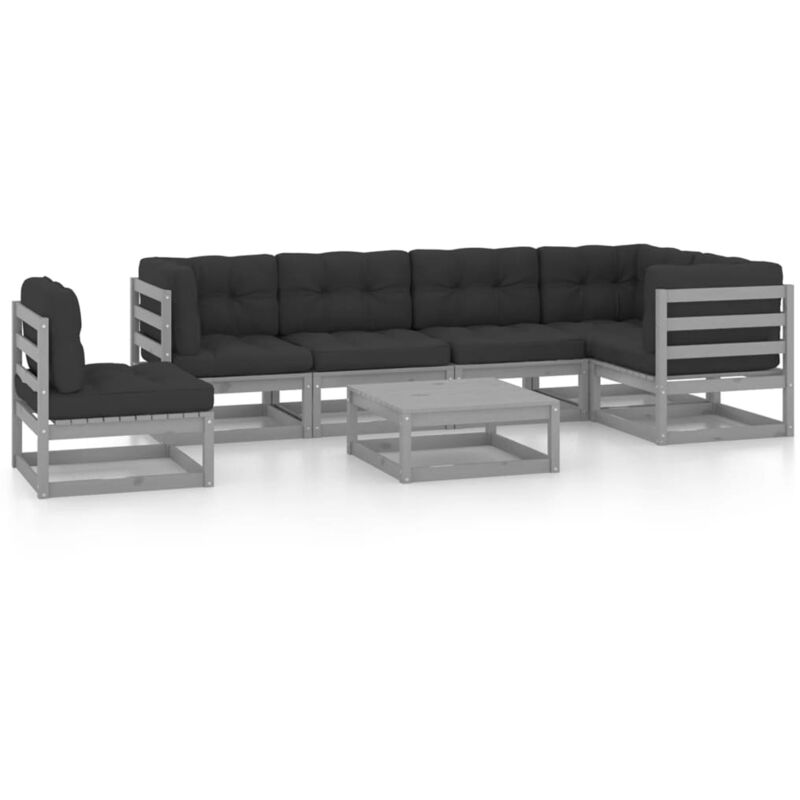 

vidaXL Juego de muebles de jardín 7 pzas y cojines madera pino maciza - Gris