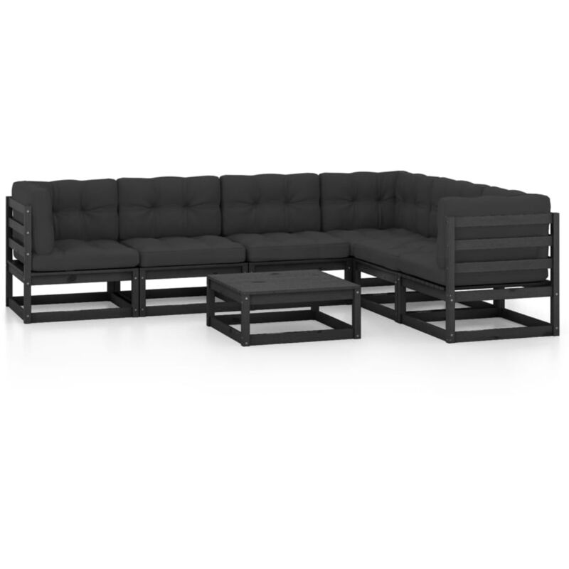 

vidaXL Juego de muebles de jardín 7 pzas y cojines negro madera pino - Negro