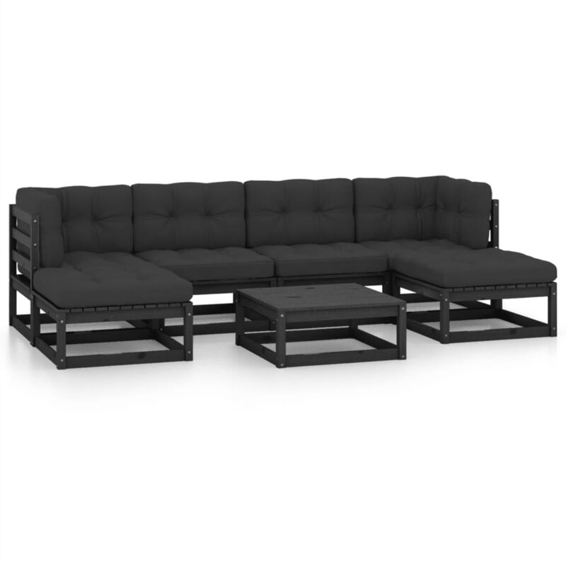 

vidaXL Juego de muebles de jardín 7 pzas y cojines negro madera pino - Negro