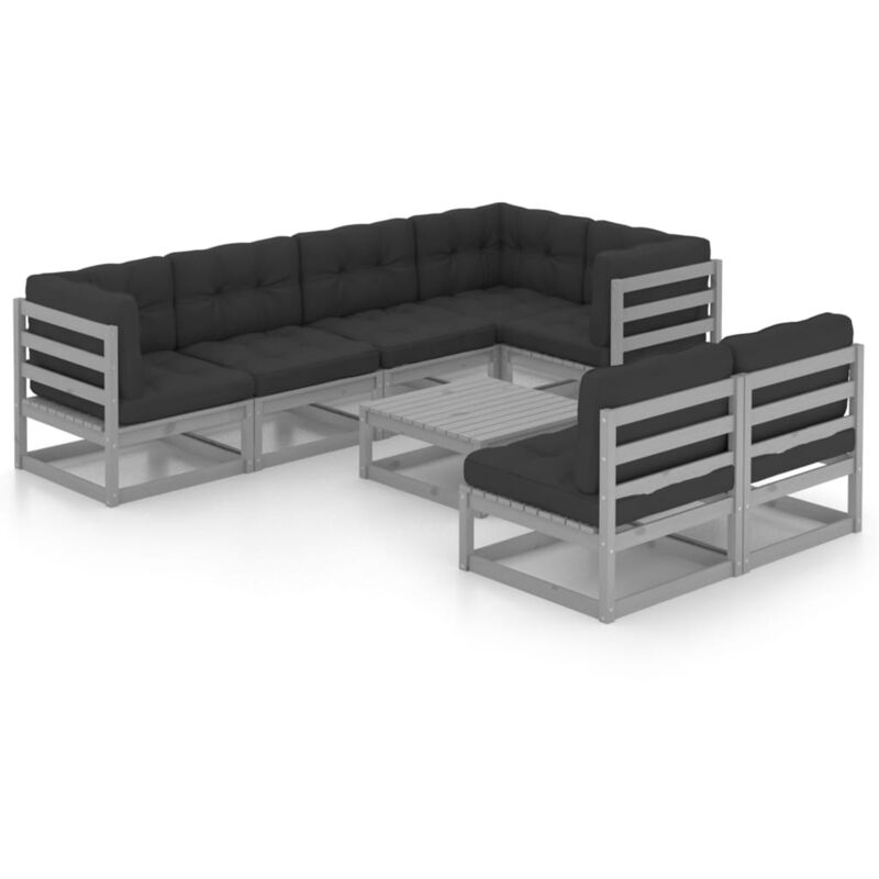 

vidaXL Juego de muebles de jardín 8 pzas y cojines madera maciza pino - Gris