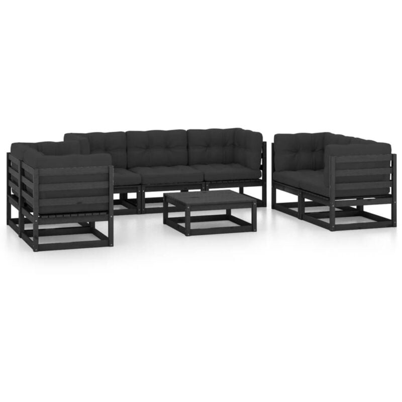 

Juego de muebles de jardín 8 pzas y cojines madera pino maciza - Negro - Vidaxl