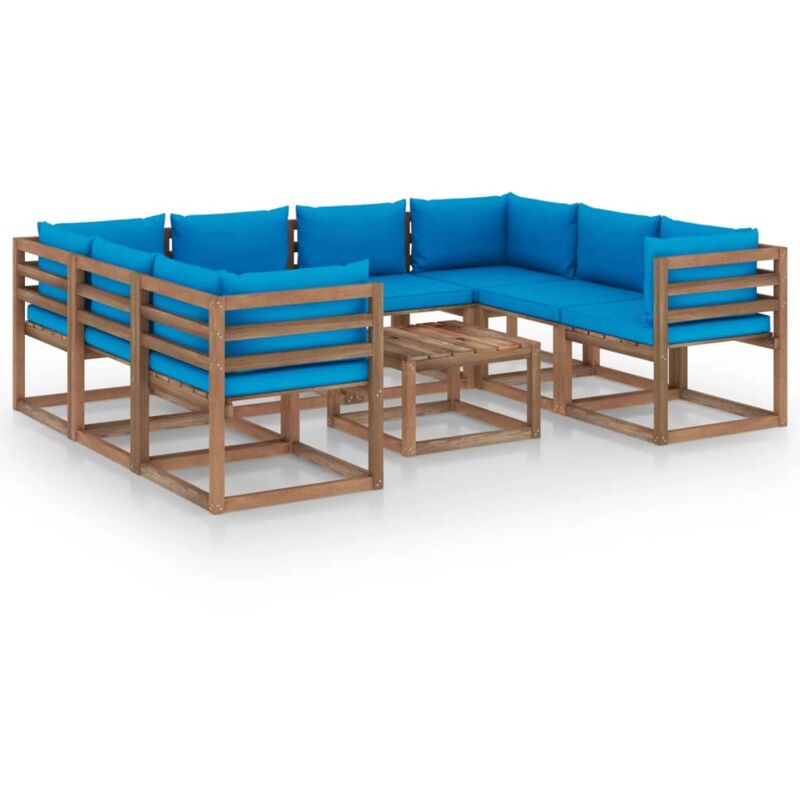 

vidaXL Juego de muebles de jardín 9 piezas con cojines azul claro - Marrón