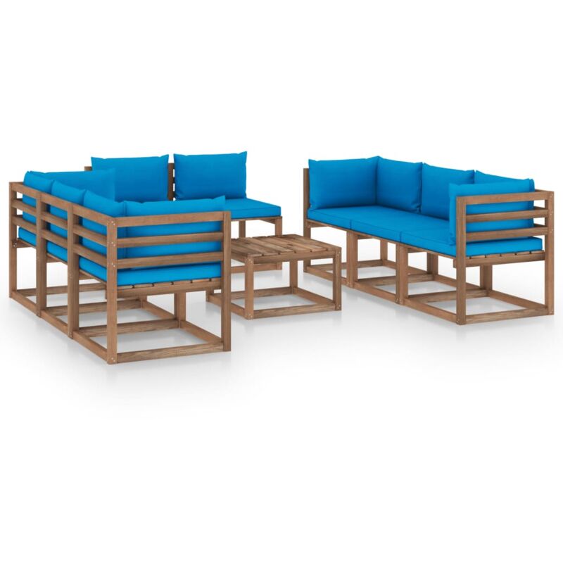 

vidaXL Juego de muebles de jardín 9 piezas con cojines azul claro - Marrón