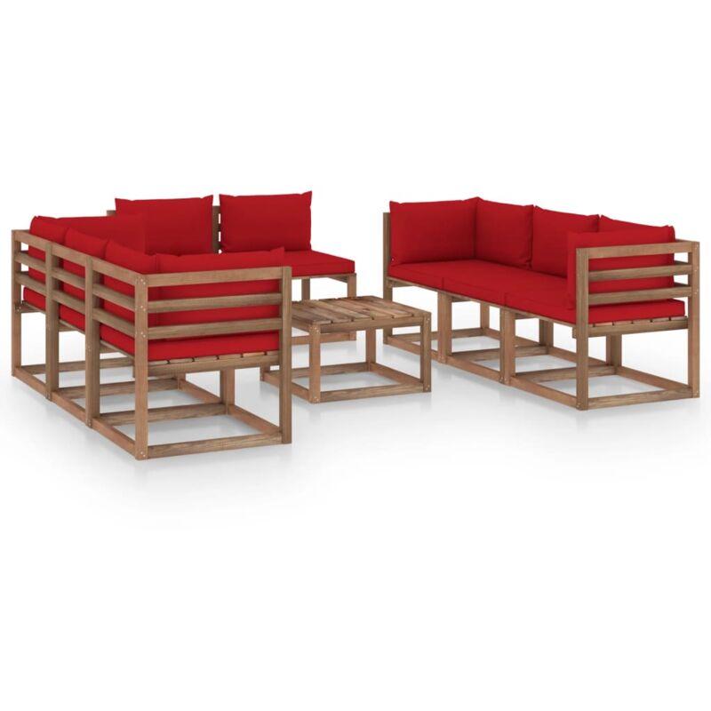 

vidaXL Juego de muebles de jardín 9 piezas con cojines rojo - Marrón