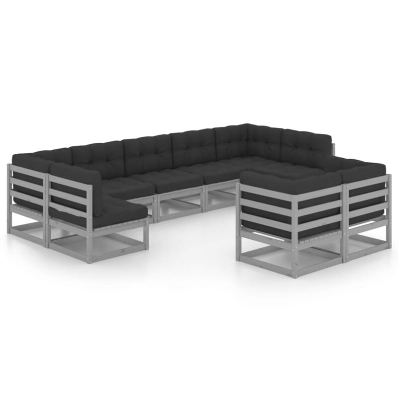 

vidaXL Juego de muebles de jardín 9 pzas y cojines gris madera pino - Gris