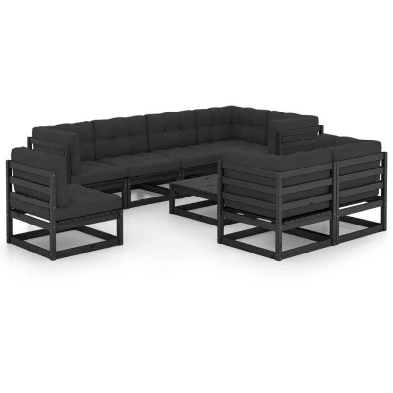 

Juego de muebles de jardín 9 pzas y cojines madera maciza pino - Negro - Vidaxl