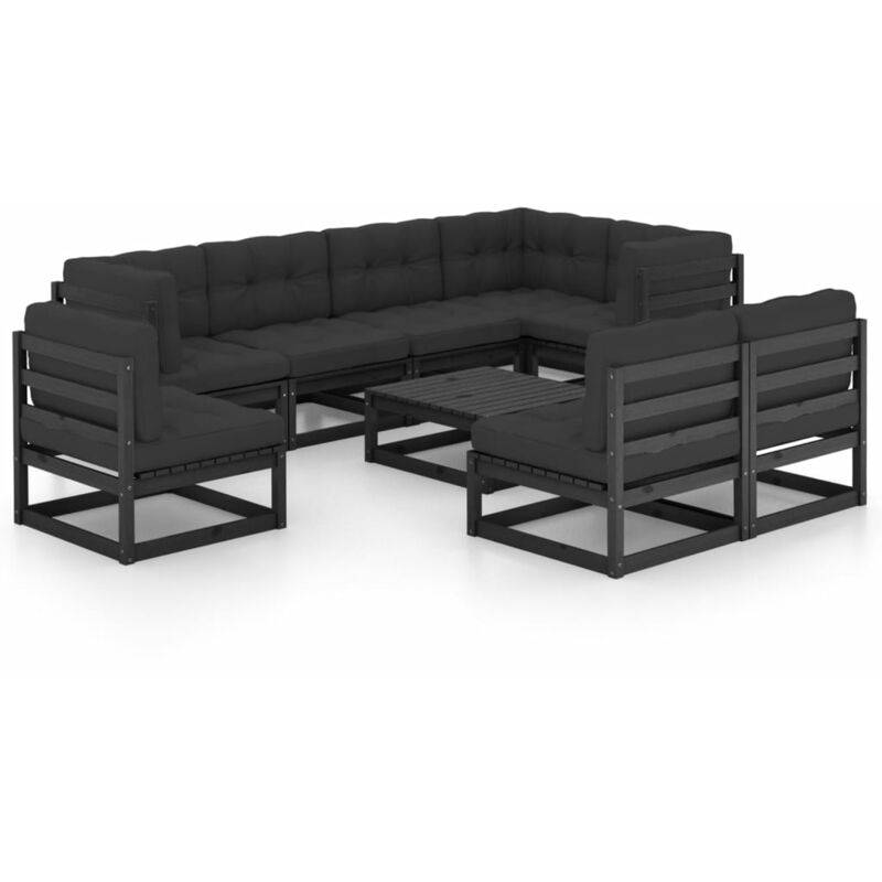 

Juego de muebles de jardín 9 pzas y cojines madera maciza pino - Negro - Vidaxl