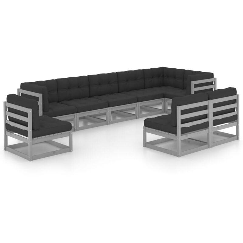 

Juego de muebles de jardín 9 pzas y cojines madera maciza pino - Gris - Vidaxl