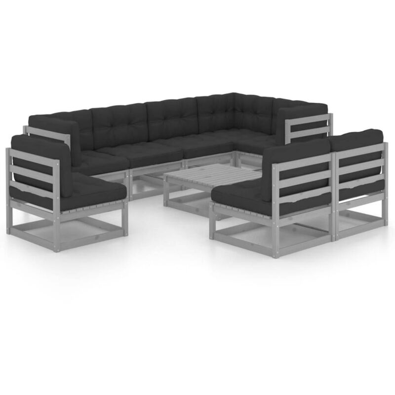 

Juego de muebles de jardín 9 pzas y cojines madera maciza pino - Gris - Vidaxl