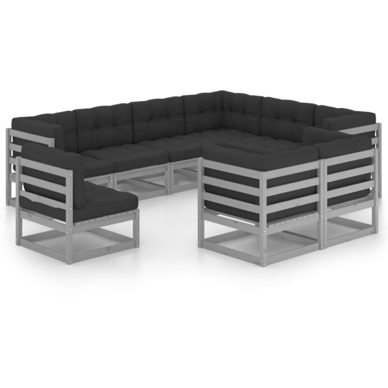 

Juego de muebles de jardín 9 pzas y cojines madera pino - Gris - Vidaxl