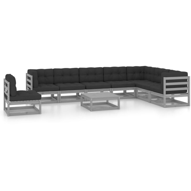 

Juego de muebles de jardín 9 pzas y cojines madera pino - Gris - Vidaxl