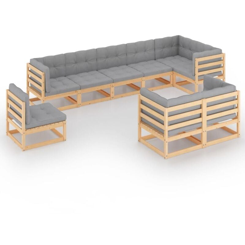 

Juego de muebles de jardín 9 pzas y cojines madera pino maciza - Marrón - Vidaxl