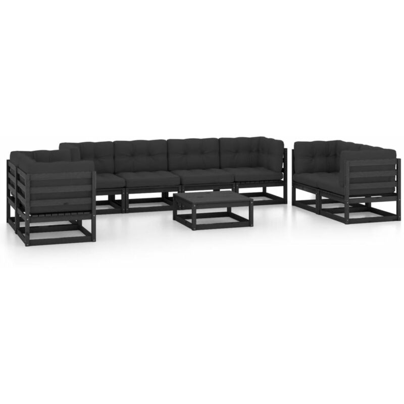 

Juego de muebles de jardín 9 pzas y cojines madera pino maciza - Negro - Vidaxl
