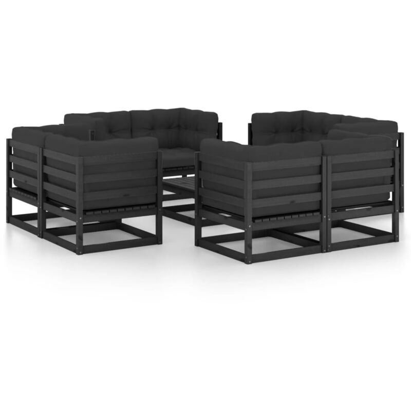 

Juego de muebles de jardín 9 pzas y cojines madera pino maciza - Negro - Vidaxl