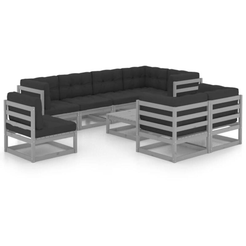 

Juego de muebles de jardín 9 pzas y cojines madera pino maciza - Gris - Vidaxl