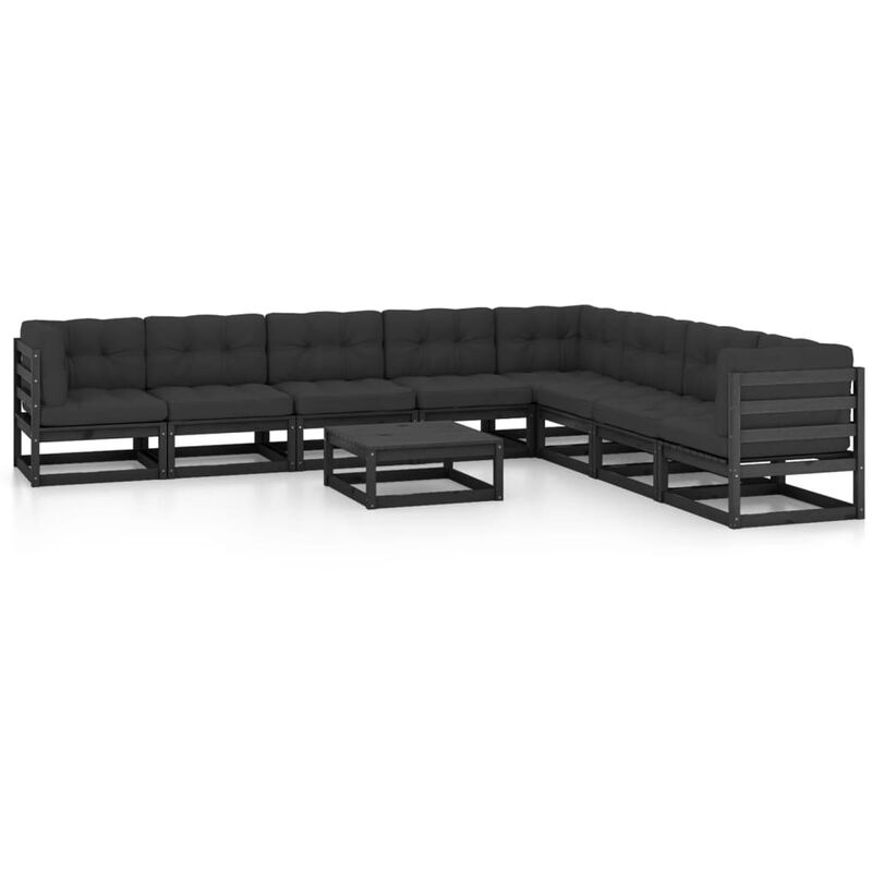 

vidaXL Juego de muebles de jardín 9 pzas y cojines negro madera pino - Negro