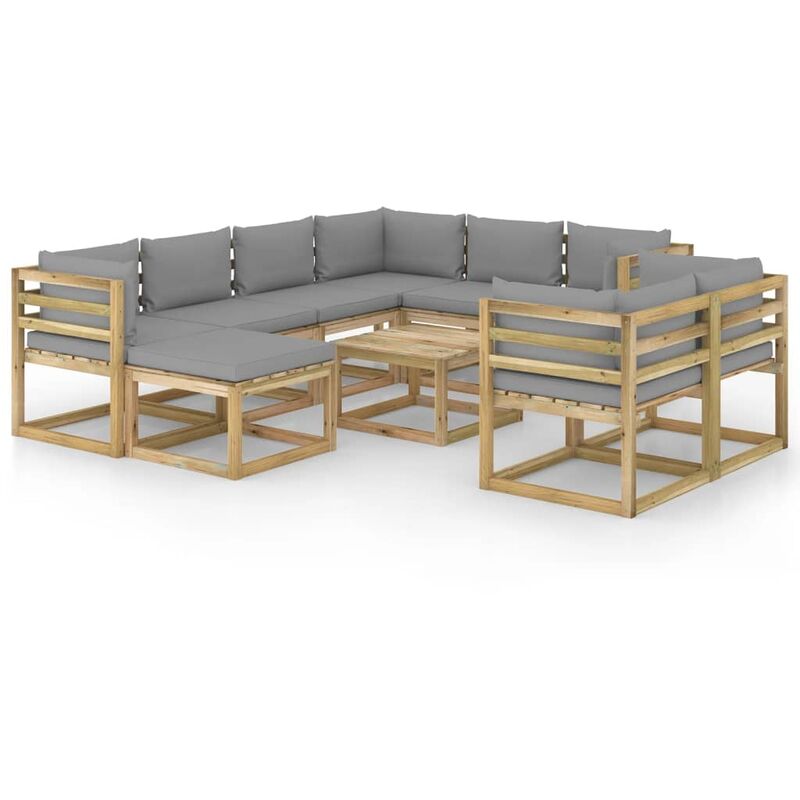 

vidaXL Juego de muebles jardín 10 pzas cojines madera pino impregnado - Marrón