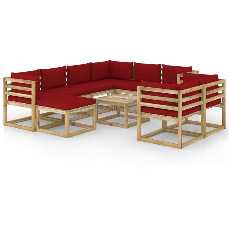 

vidaXL Juego de muebles jardín 10 pzas cojines madera pino impregnado - Marrón