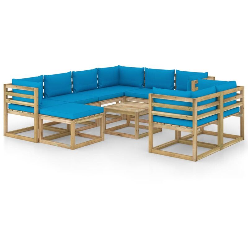 

vidaXL Juego de muebles jardín 10 pzas cojines madera pino impregnado - Marrón