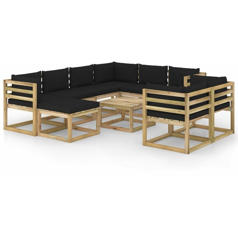 

vidaXL Juego de muebles jardín 10 pzas cojines madera pino impregnado - Marrón