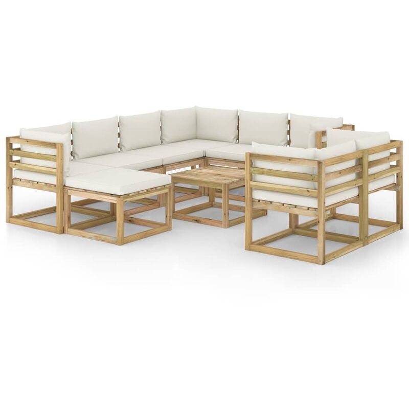 

vidaXL Juego de muebles jardín 10 pzas cojines madera pino impregnado - Marrón