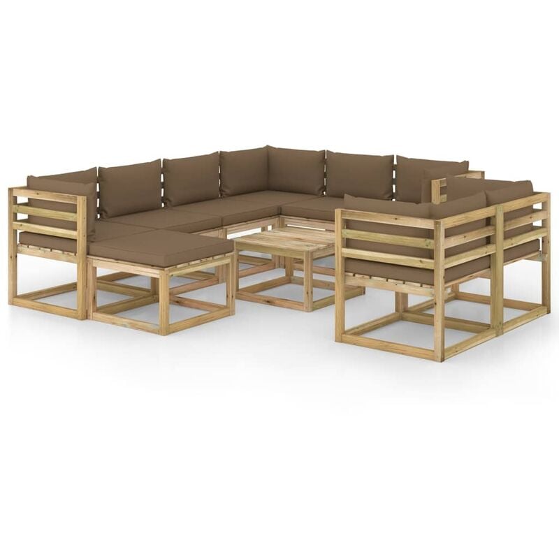 

vidaXL Juego de muebles jardín 10 pzas cojines madera pino impregnado - Marrón