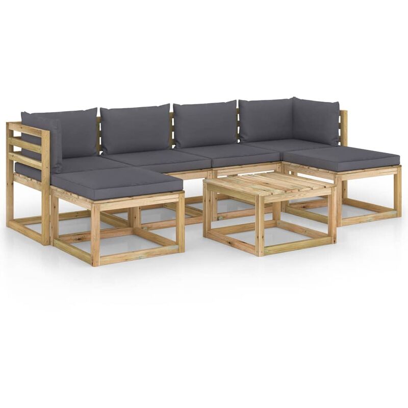 

vidaXL Juego de muebles jardín 7 pzas cojines madera pino impregnado - Marrón