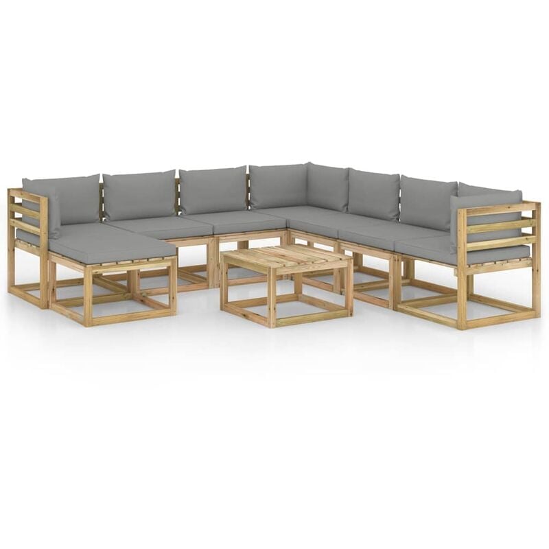 

vidaXL Juego de muebles jardín 9 pzas cojines madera pino impregnado - Marrón