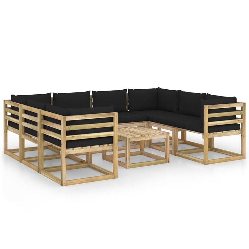 

vidaXL Juego de muebles jardín 9 pzas cojines madera pino impregnado - Marrón