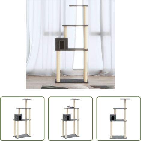 vidaXL Juego para gatos -  Rascador para gatos con postes de sisal gris oscuro 147 cm