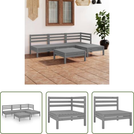 vidaXL Kieferholz - 5-tlg. Garten-Lounge-Set Massivholz Kiefer Grau