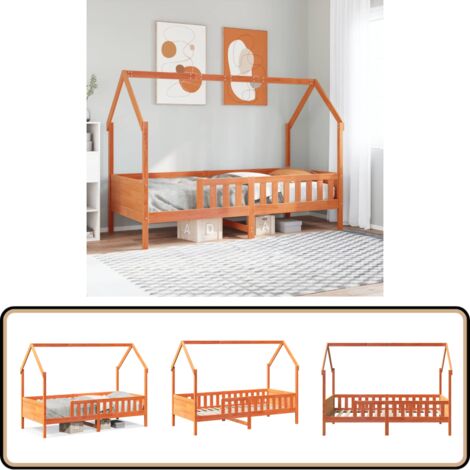 vidaXL Kinderbett Hausbett Wachsbraun 90x190 cm Massivholz Kiefer