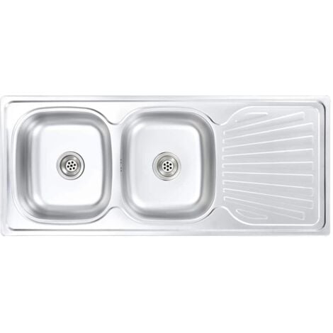 vidaXL Kitchen Sink Double Basin with Strainer & Trap Stainless Steel - Silver