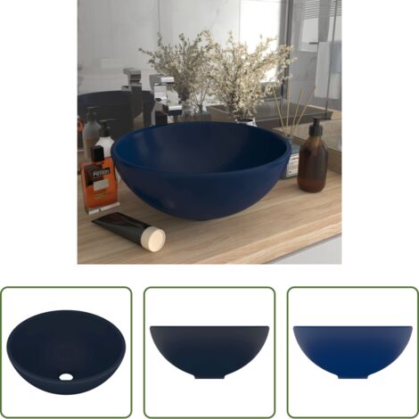 vidaXL Lavabo azul oscuro -  Lavabo de lujo redondo cerámica azul oscuro mate 32,5x14 cm
