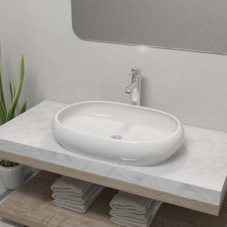 Vidaxl – Lavabo céramique ovale blanc 630x420x120mm – Mitigeur chromé 30cm avec cartouche céramique – Installation au-dessus du comptoir