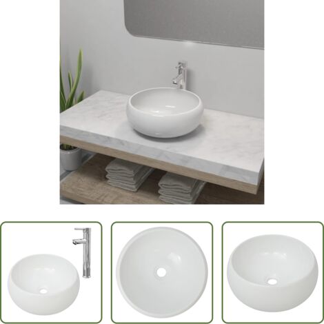 vidaXL Lavabo con rubinetto -  Lavello Bagno con Miscelatore in Ceramica Rotondo Bianco