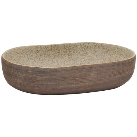 vidaXL Lavabo da Appoggio Sabbia e Marrone Ovale 59x40x14 cm Ceramica