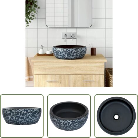 vidaXL Lavabo da bagno ceramica -  Lavabo da Appoggio Nero e Blu Rotondo Φ41x14 cm Ceramica