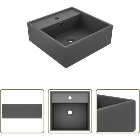 vidaXL Lavabo de baño -  Lavabo lujoso cuadrado rebosadero cerámica gris oscuro 41x41 cm