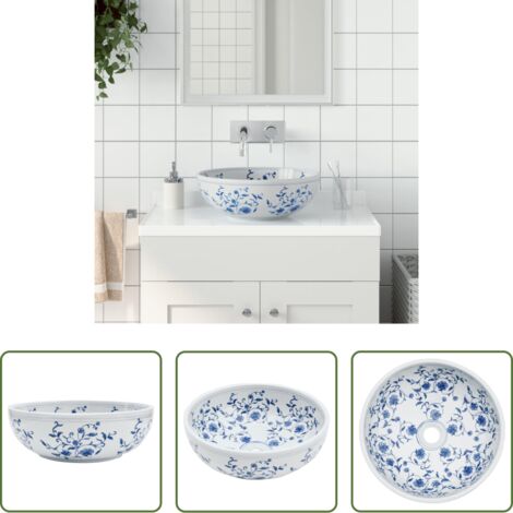 vidaXL Lavabo in ceramica -  Lavabo da Appoggio Bianco e Blu Rotondo Φ41x14 cm Ceramica